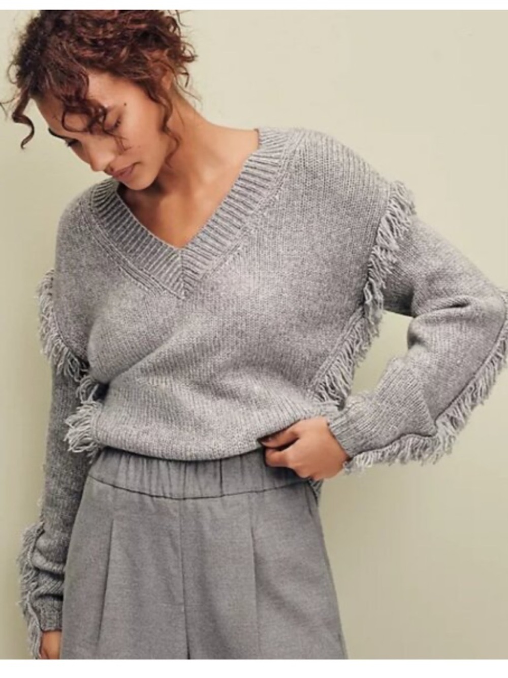 Ann Taylor Light Gray Fringe V-Neck Sweater